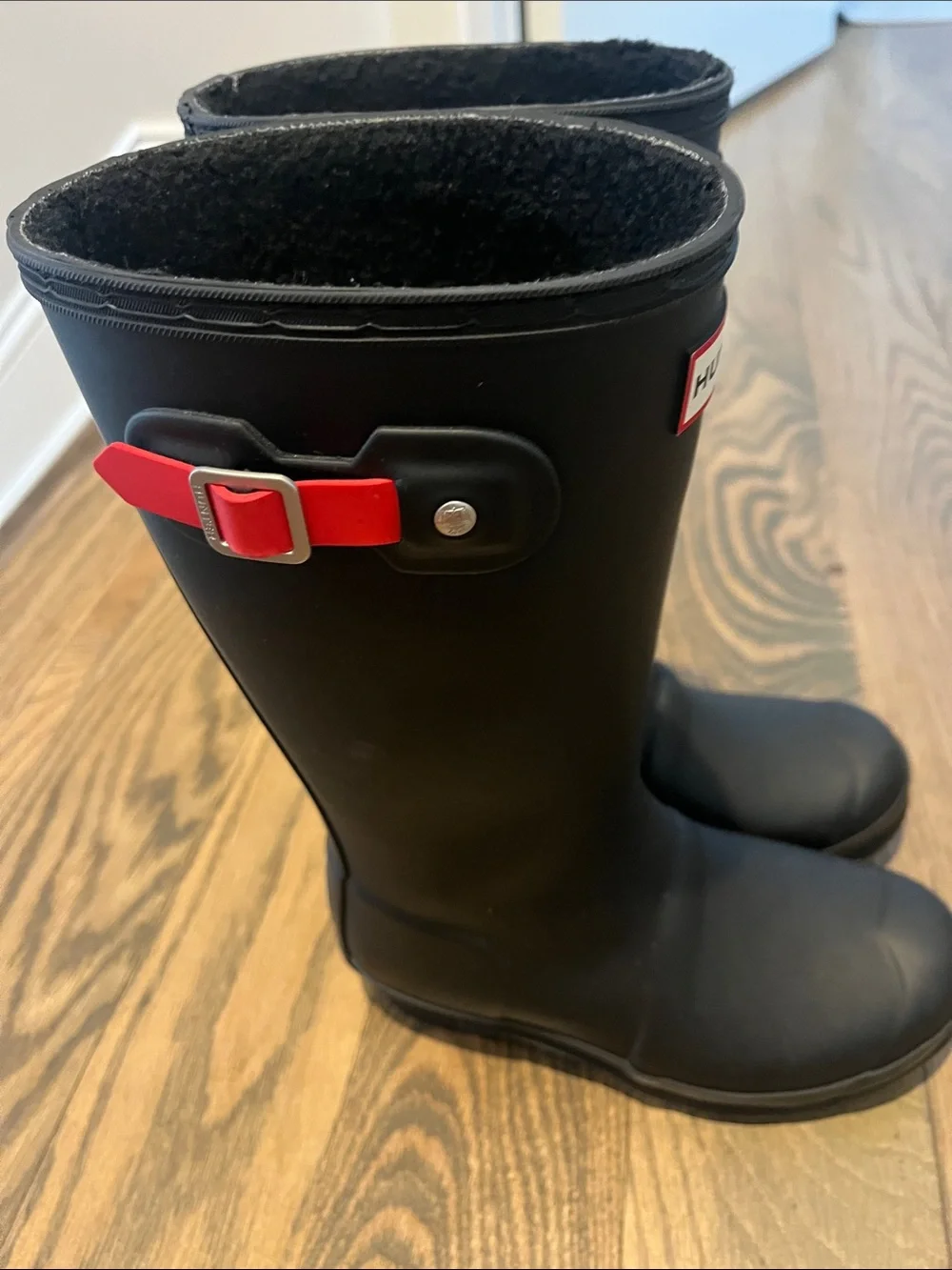 Hunter Matte Black Mid-Rise Rubber Rain Boots with Red Logo